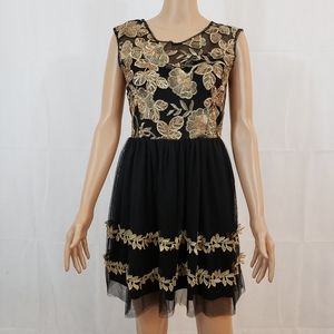 NWOT SOIEBLU | Gold Embroidered Black Tulle Dress